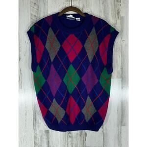 Russ Sweater Vest Size Large Jewel Tone Multicolor Argyle Wool‎ Blend 80s 90s
